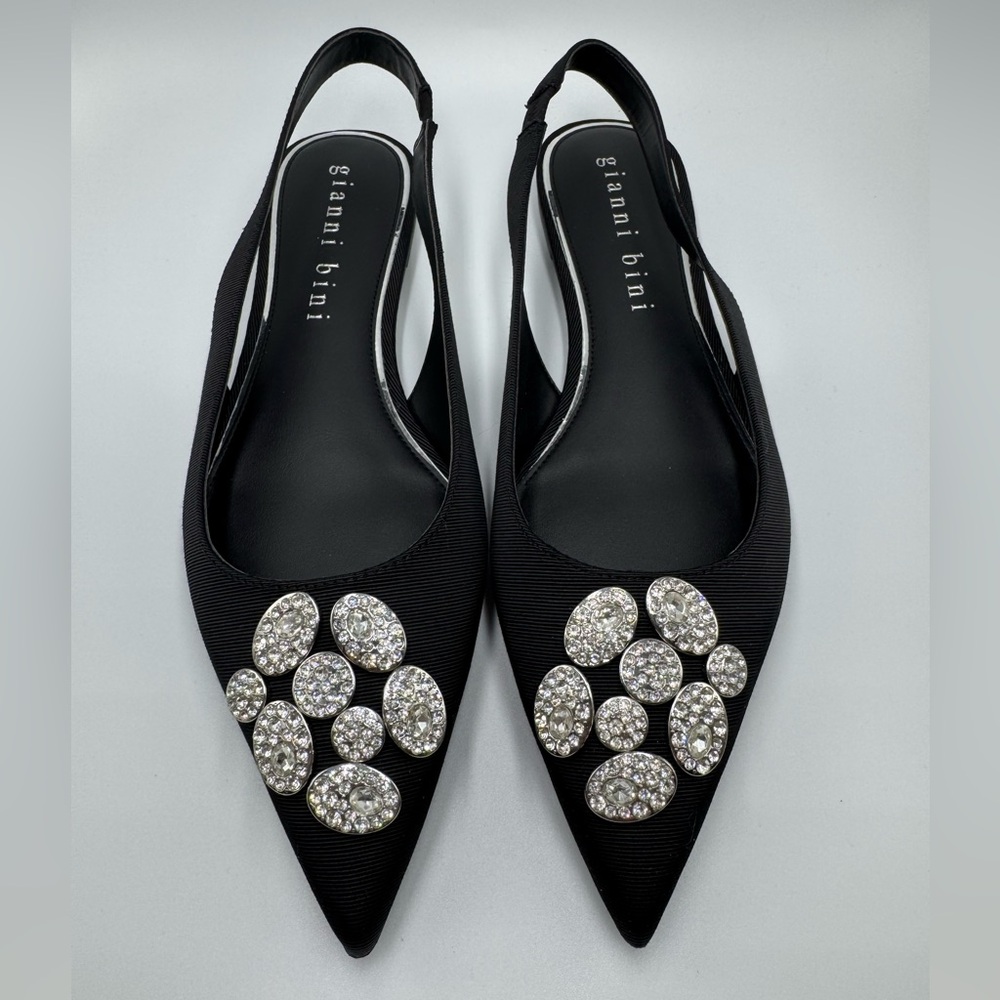 Gianni Bini Black Pointed Slingback Flats with Crystal Embellishments